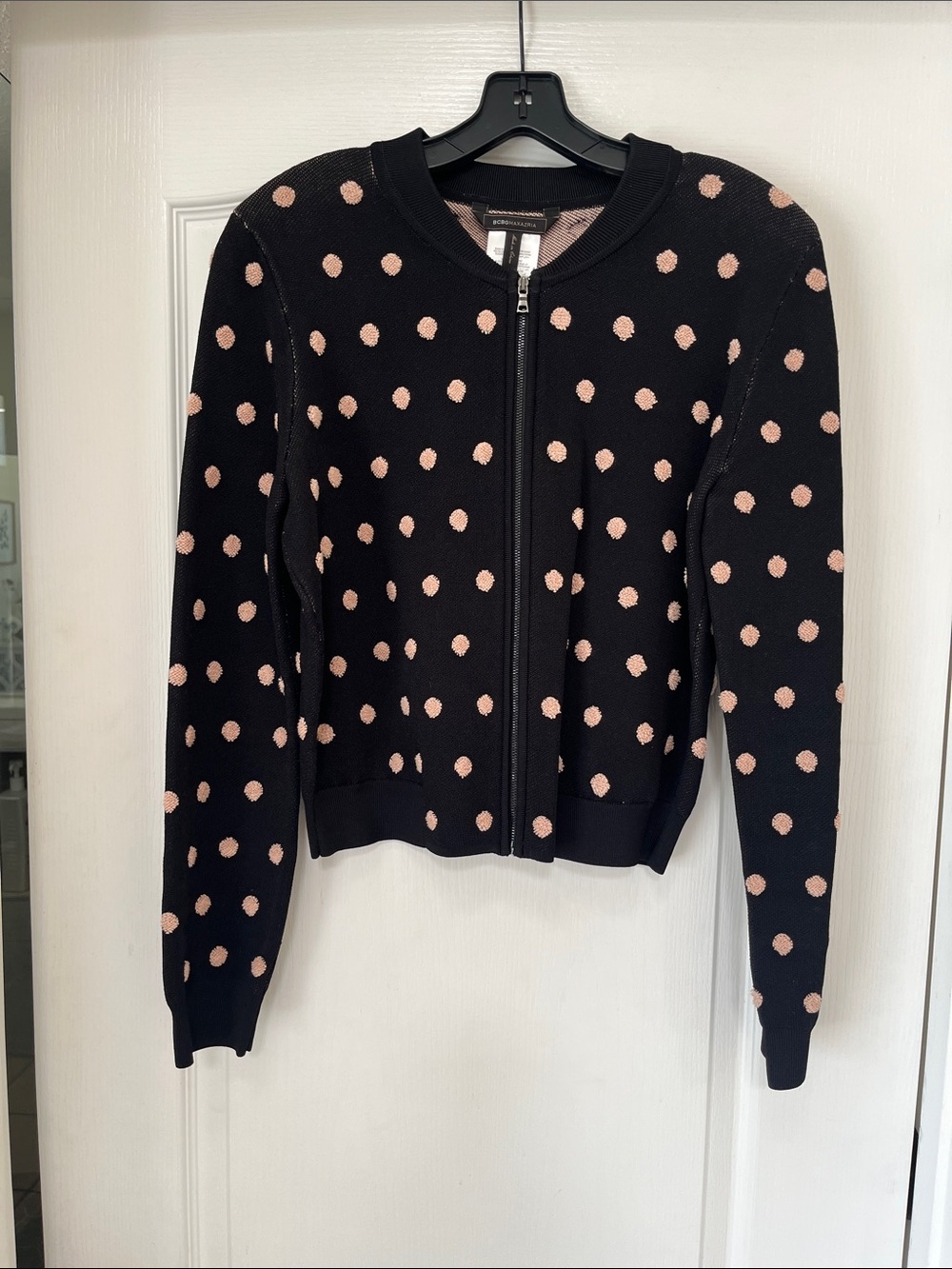BCBGMaxAzria Black bomber jacket with Blush Dot Accents, M